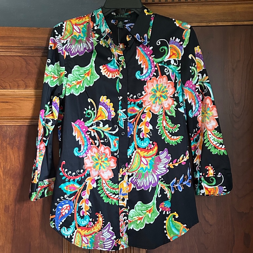 Lauren Ralph Lauren Black Colourful Floral Cotton Shirt, Size M